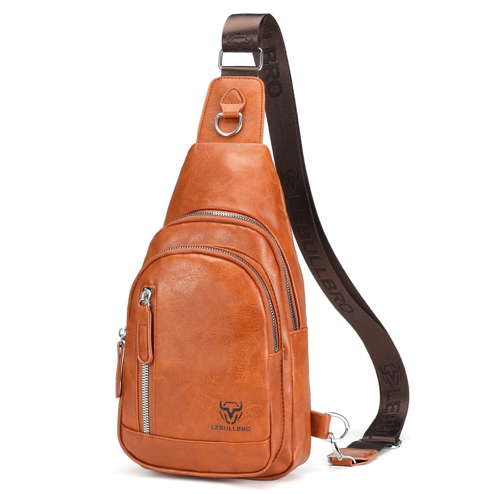LEBULLBRO Sling Bag for Men Soft Leather Chest Bag Crossbody Backpack Travel Hiking Outdoor Sports Light Brown