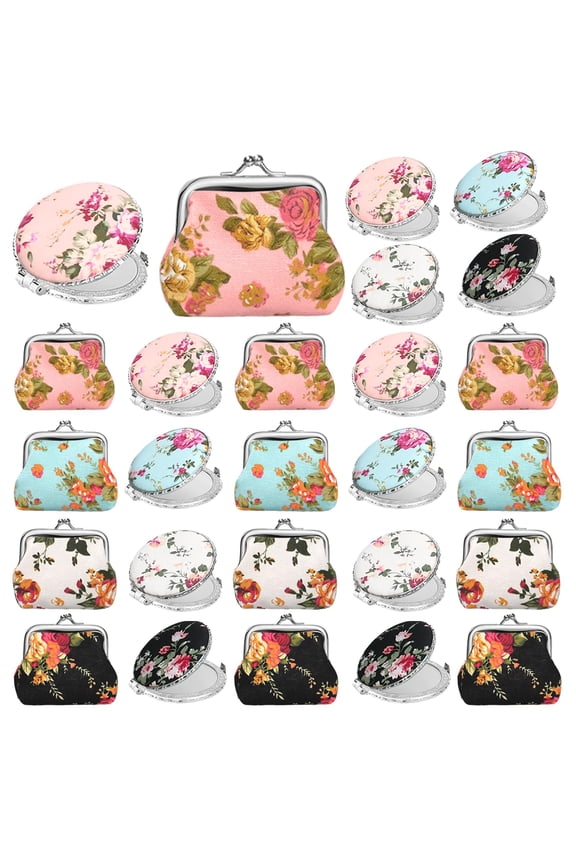 24 Pcs Vintage Floral Bulk Gift 12 Coin Canvas Purse Buckle Wallet 12 Compact Flower Pocket Mirror for Baby Shower Wedding Tea Party Favors A101