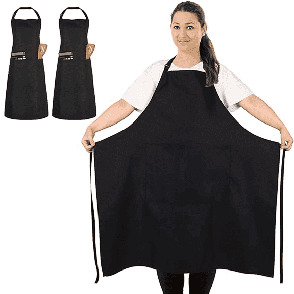 LECHONG Christmas 2 Pcs Plus Size Black Apron for Women and Men Chef, Professional Apron with 2 Pockets for Kitchen Cooking, Larger Size, Black