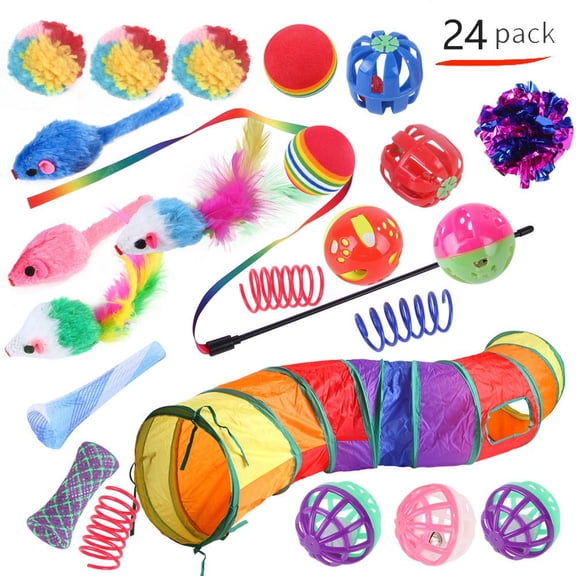 LECHONG 24 Pcs Interactive Cat Toys Set with Collapsible Tunnels for Indoor Cats