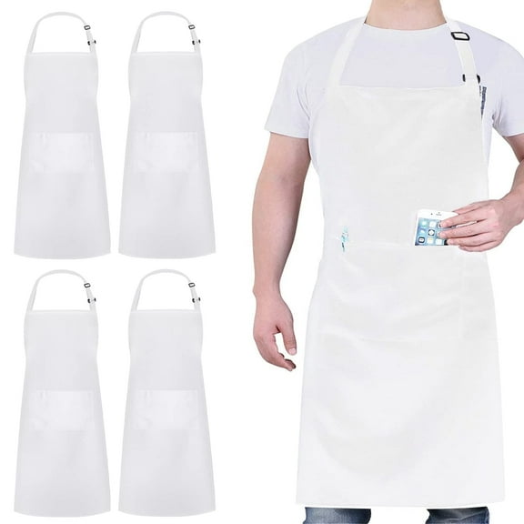 LECHONG Christmas 4 Pack White Waterproof Aprons, Apron with 2 Pockets for Women and Men, Adjustable Chef Aprons for Kitchen Cooking
