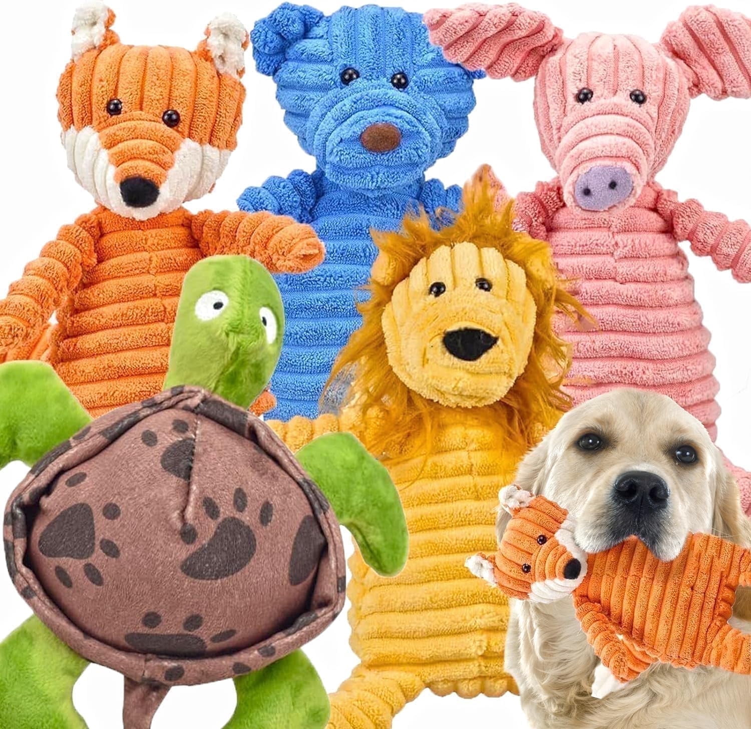 LECHONG Christmas Dog Toys for Small Dogs, Stuffed Animal Toys Bundle with Built-in Squeaker, Multicolor Fox, Bear, Pig, Lion, Tortoise (5 Pack)