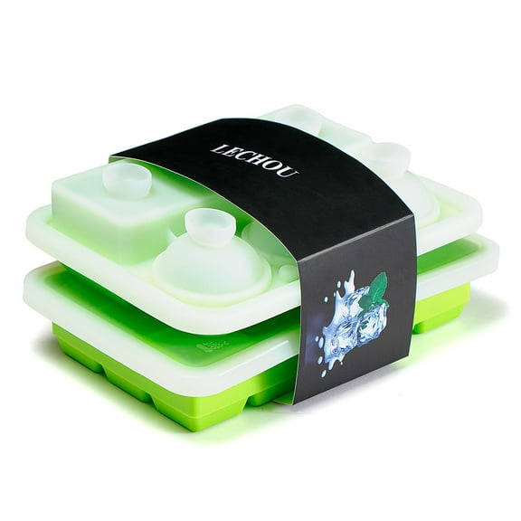 LECHOU Ice Cube Tray, Big Sphere Ice Ball Maker & Large Square Ice Cube Maker with Lid for Whiskey, Cocktails and Homemade, Pack of 2 (Green)