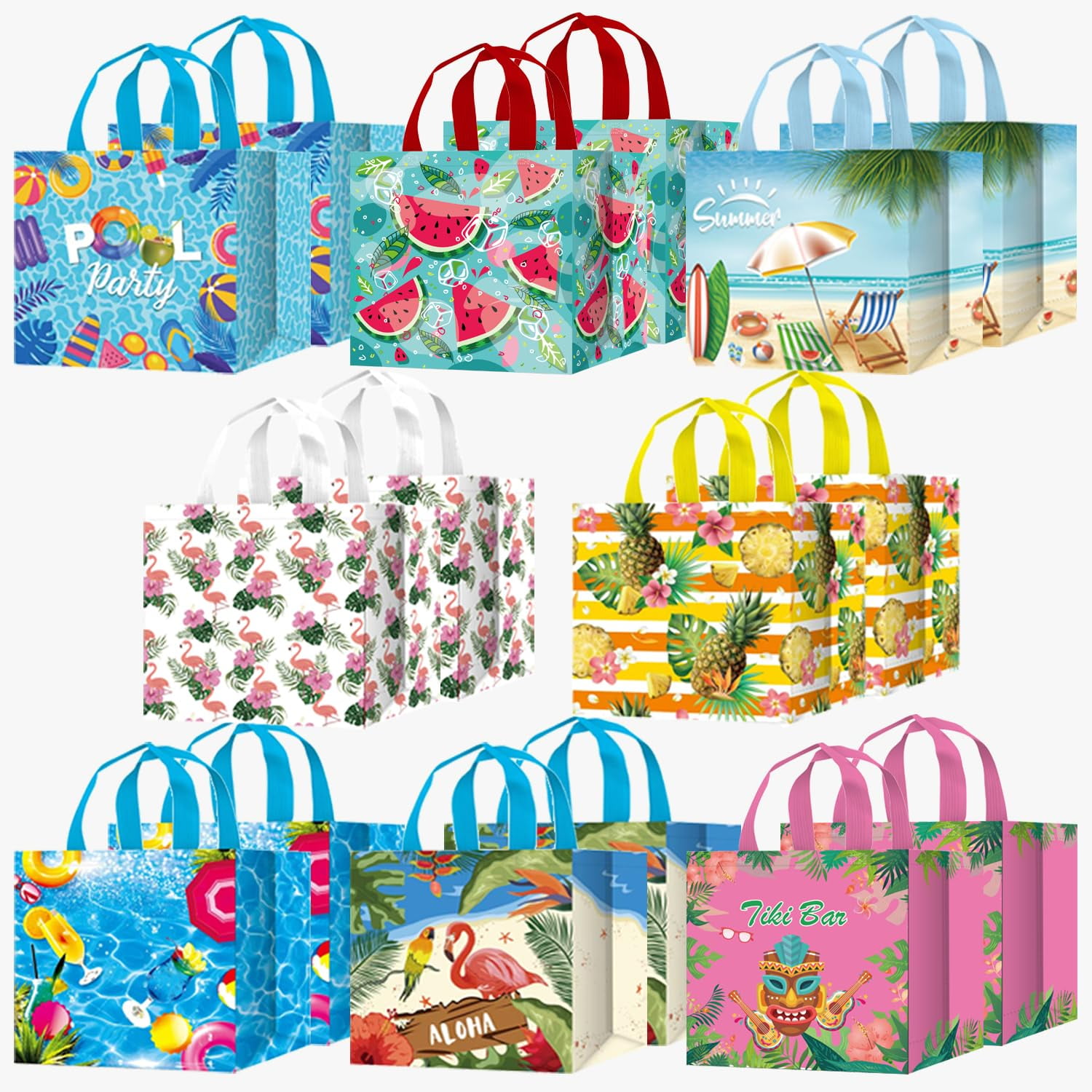 LECONCES Hawaii Summer Party SSF20 Gift Bags, 16Pcs Party Favors Gift Bags Hawaiian Luau Non Woven Gift Bags with Handles,Tiki Reusable Tote Bags Aloha Tropical Themed Bags for Party Supplies