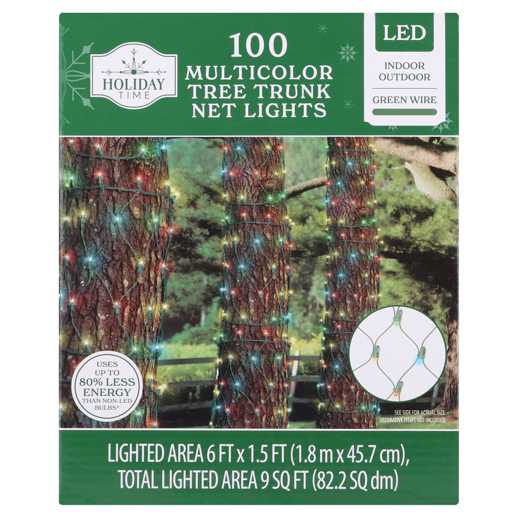 Indoor/Outdoor 100-Count LED Tree Trunk Christmas Net Lights, Multicolor, Green Wire, 6' x 1.5', by Holiday Time