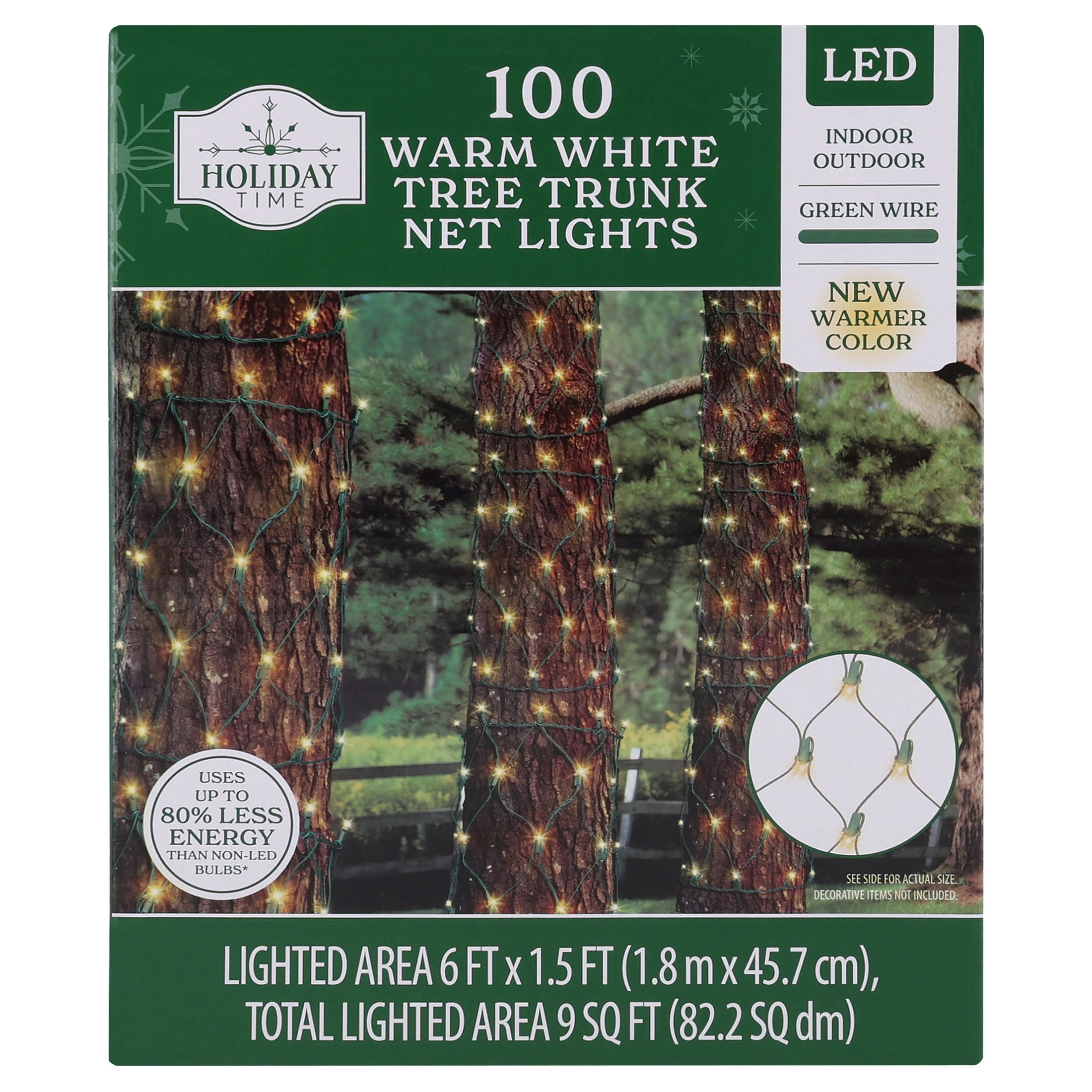 Indoor/Outdoor 100-Count LED Tree Trunk Christmas Net Lights, Warm White, Green Wire, 6' x 1.5', by Holiday Time