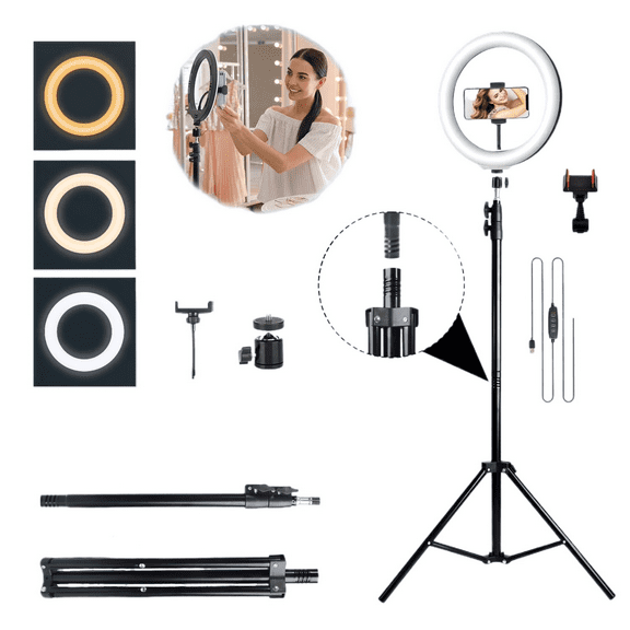 LED 12 inch Ring Light with Tripod, 3 Light Modes, and 10 Brightness Levels, for Mobile Phone, Make Up, Selfies, Live Streaming, Video Chat, Vlog