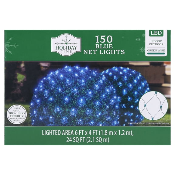 Indoor/Outdoor 150-Count LED Christmas Net Lights, Blue, Green Wire, 6' x 4', by Holiday Time