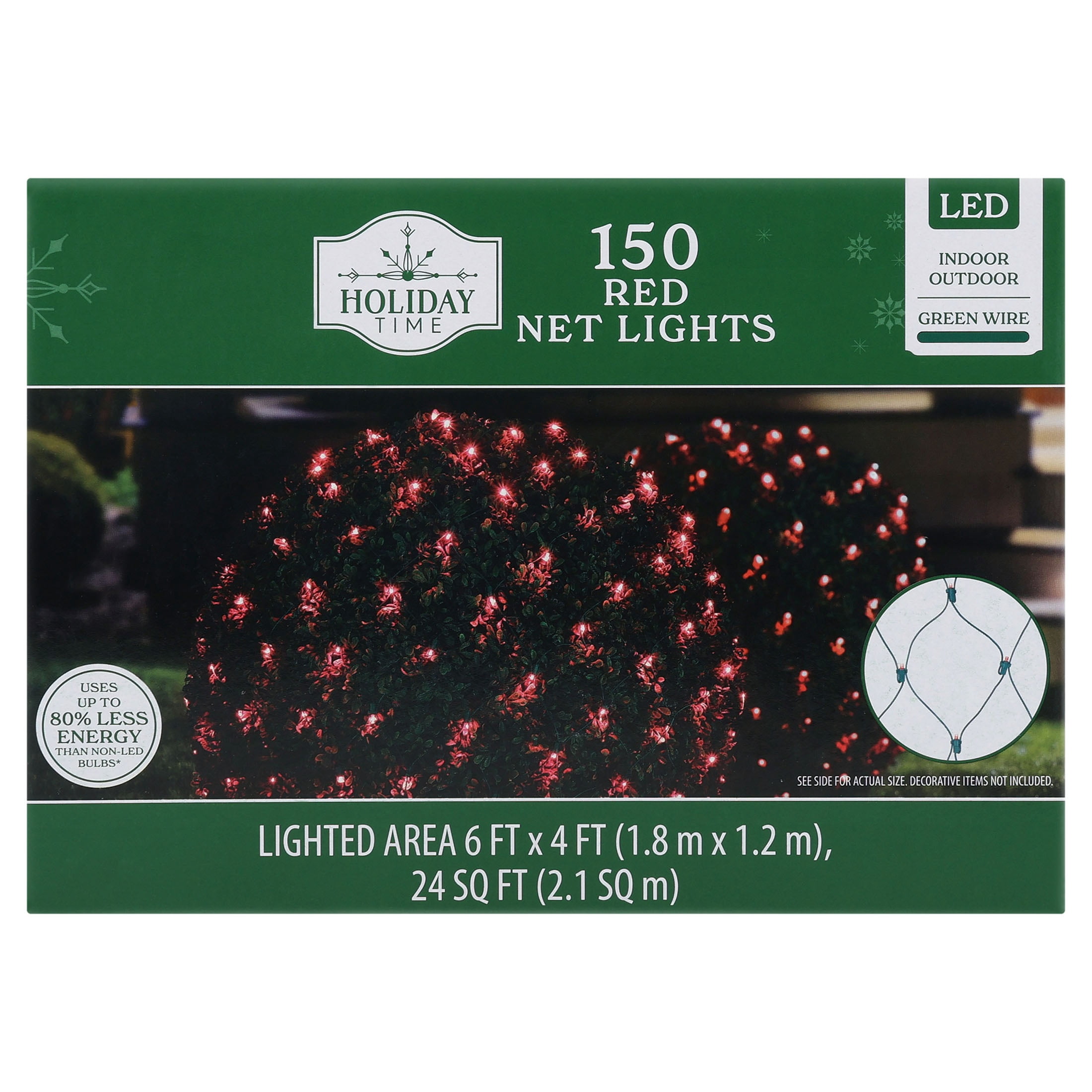 Indoor/Outdoor 150-Count LED Christmas Net Lights, Red, Green Wire, 6' x 4', by Holiday Time