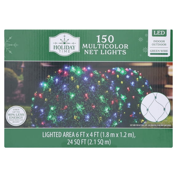 Indoor/Outdoor 150-Count LED Ribbon Christmas Net Lights, Multicolor, Green Wire, 7.5' x 8", by Holiday Time