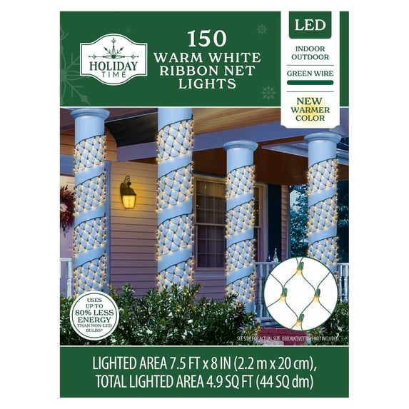 Indoor/Outdoor 150-Count LED Ribbon Christmas Net Lights, Warm White, Green Wire, 7.5' x 8", by Holiday Time