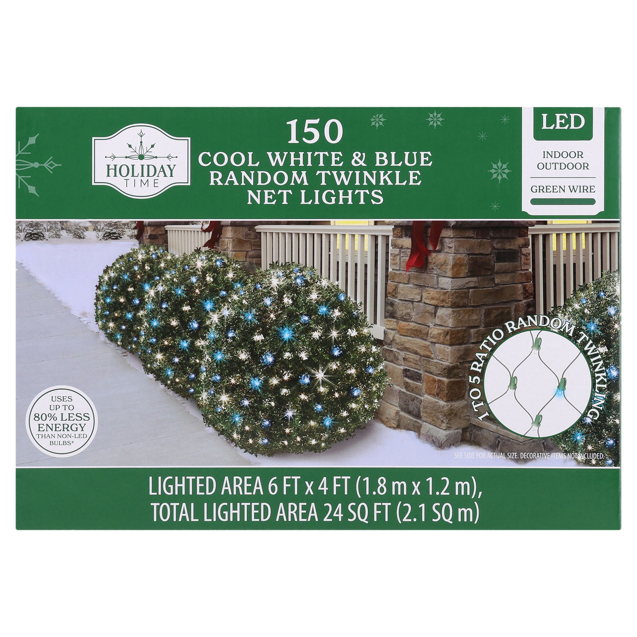 Indoor/Outdoor 150-Count LED Random Twinkle Christmas Net Lights, Blue and Cool White, Green Wire, 6' x 4', by Holiday Time
