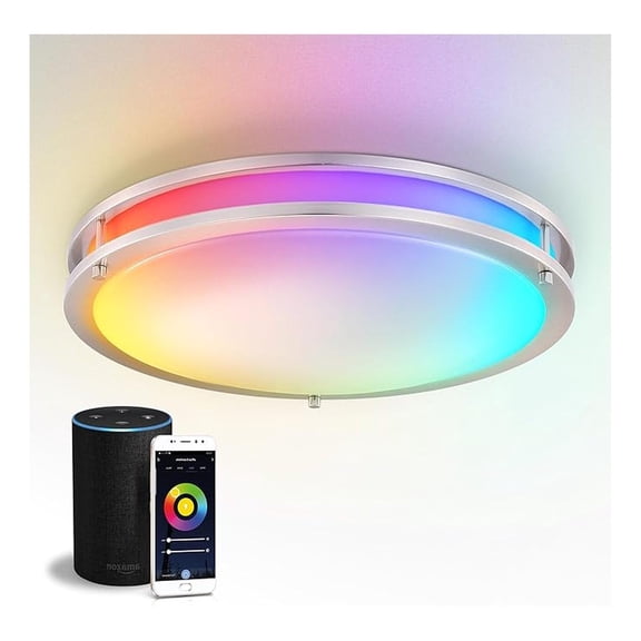 LED 18" Round Flush Mount Lighting, Close to Ceiling Light Fixture | Smart, Multicolor, Dimmable, ETL Listed | 28W 1844LM RGB-2700-6500K 120V | Low Profile Double Ring Lamp |