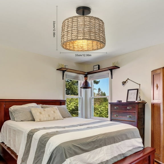 LED 2-Light Rattan Pendant Light Drum Shape Ceiling Hanging Lamp Chandelier Fixture