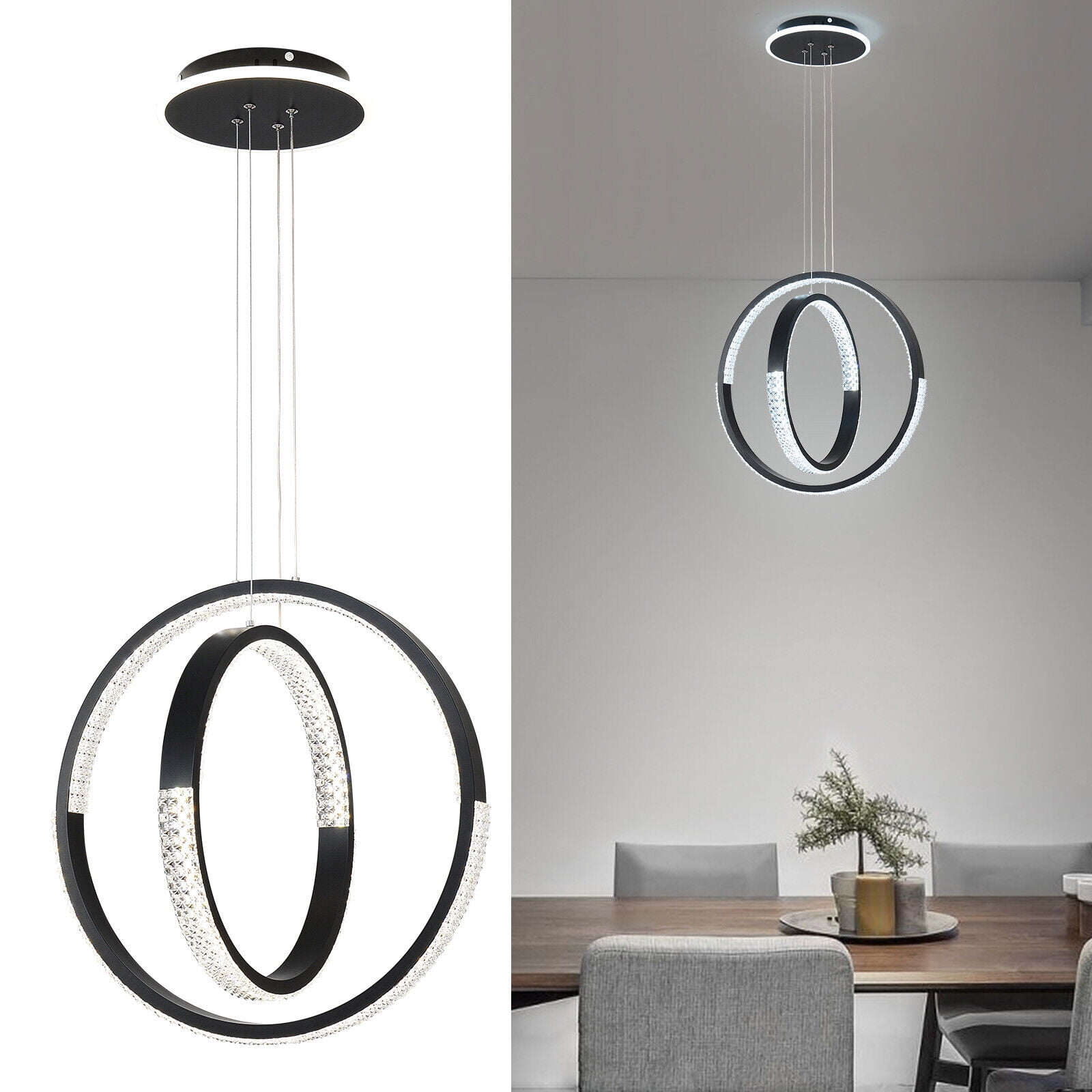 LED 2 Rings Chandelier Adjustable Remote Control Crystal Shape Lighting Fixture LED Chandelier Dimmable w/ Remote Control Acrylic in Crystal Shape Light Fixture