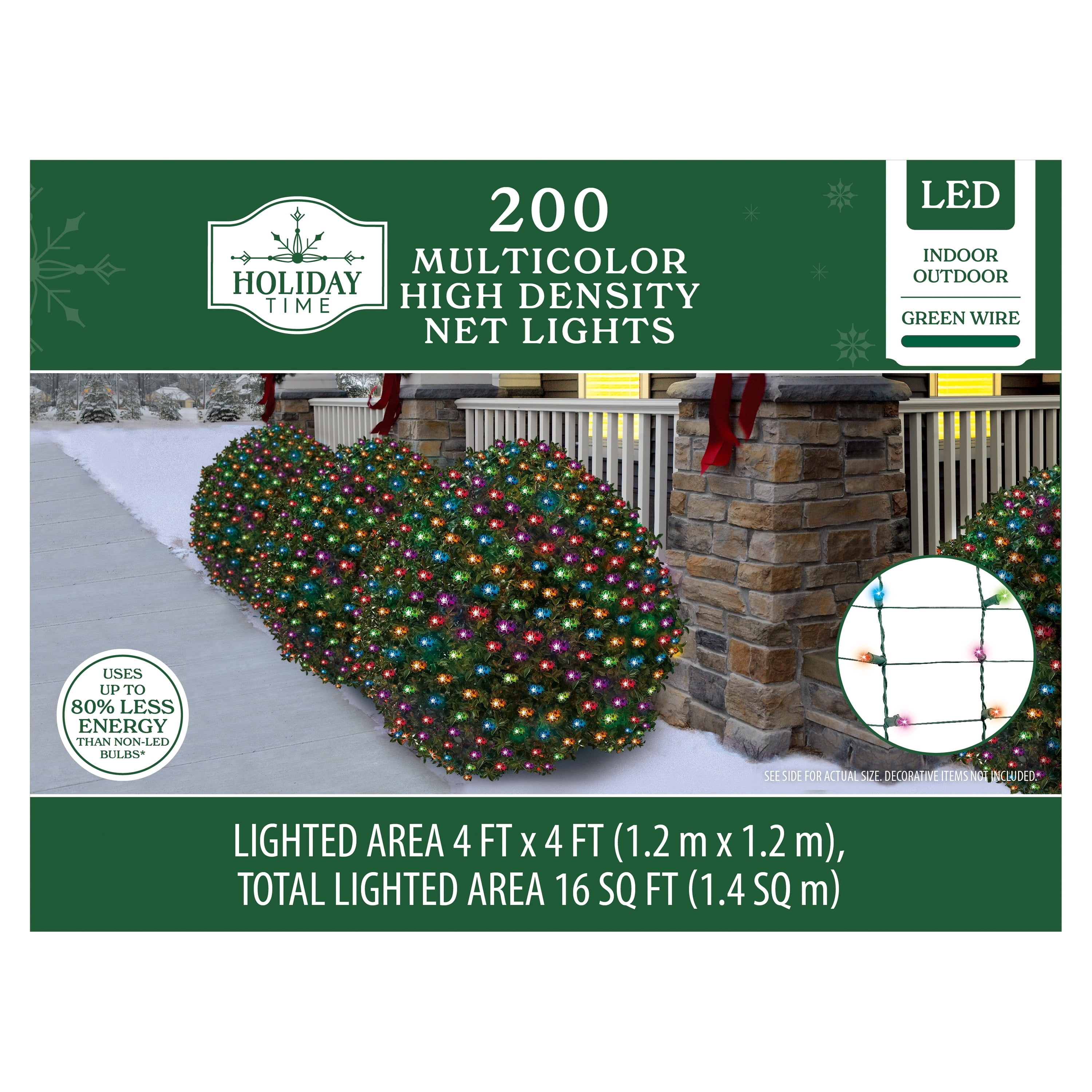 Indoor/Outdoor 200-Count LED High Density Christmas Net Lights, Multicolor, Green Wire, 4' x 4', by Holiday Time