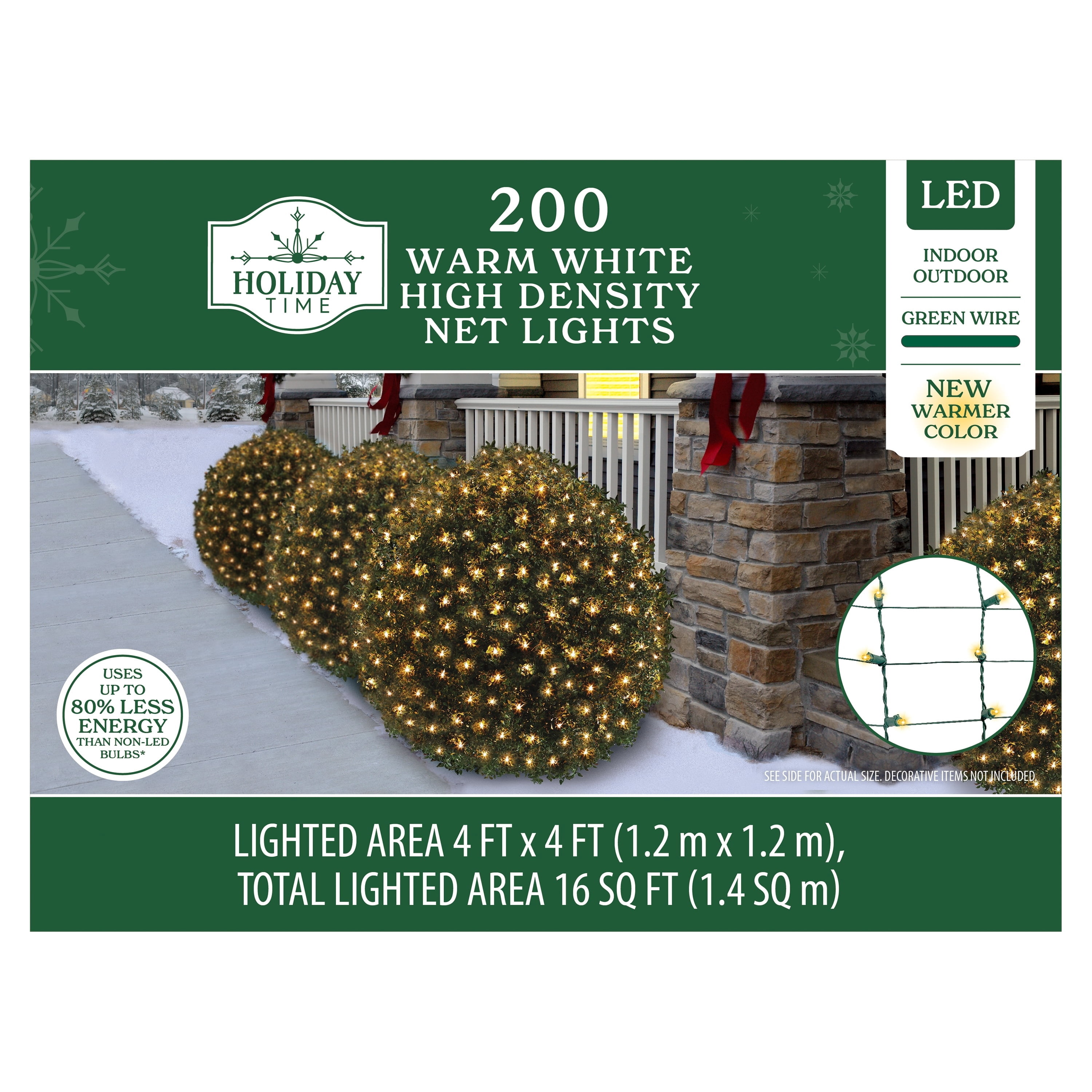 Indoor/Outdoor 200-Count LED High Density Christmas Net Lights, Warm White, Green Wire, 4' x 4', by Holiday Time