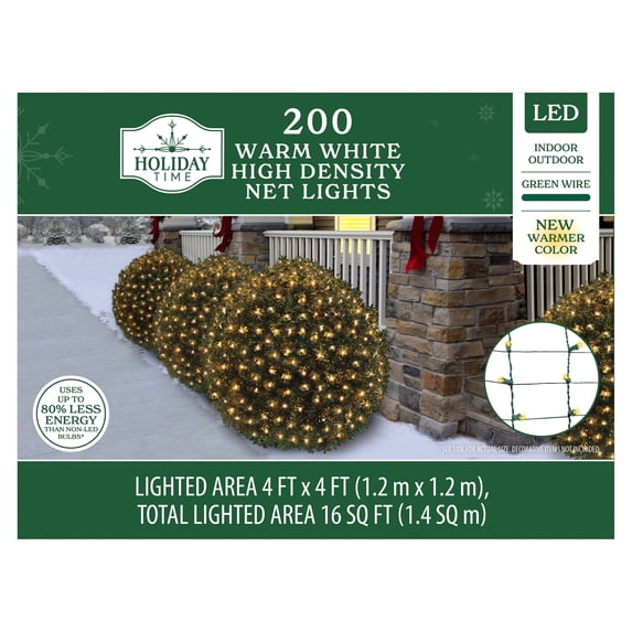 Indoor/Outdoor 200-Count LED High Density Christmas Net Lights, Warm White, Green Wire, 4' x 4', by Holiday Time