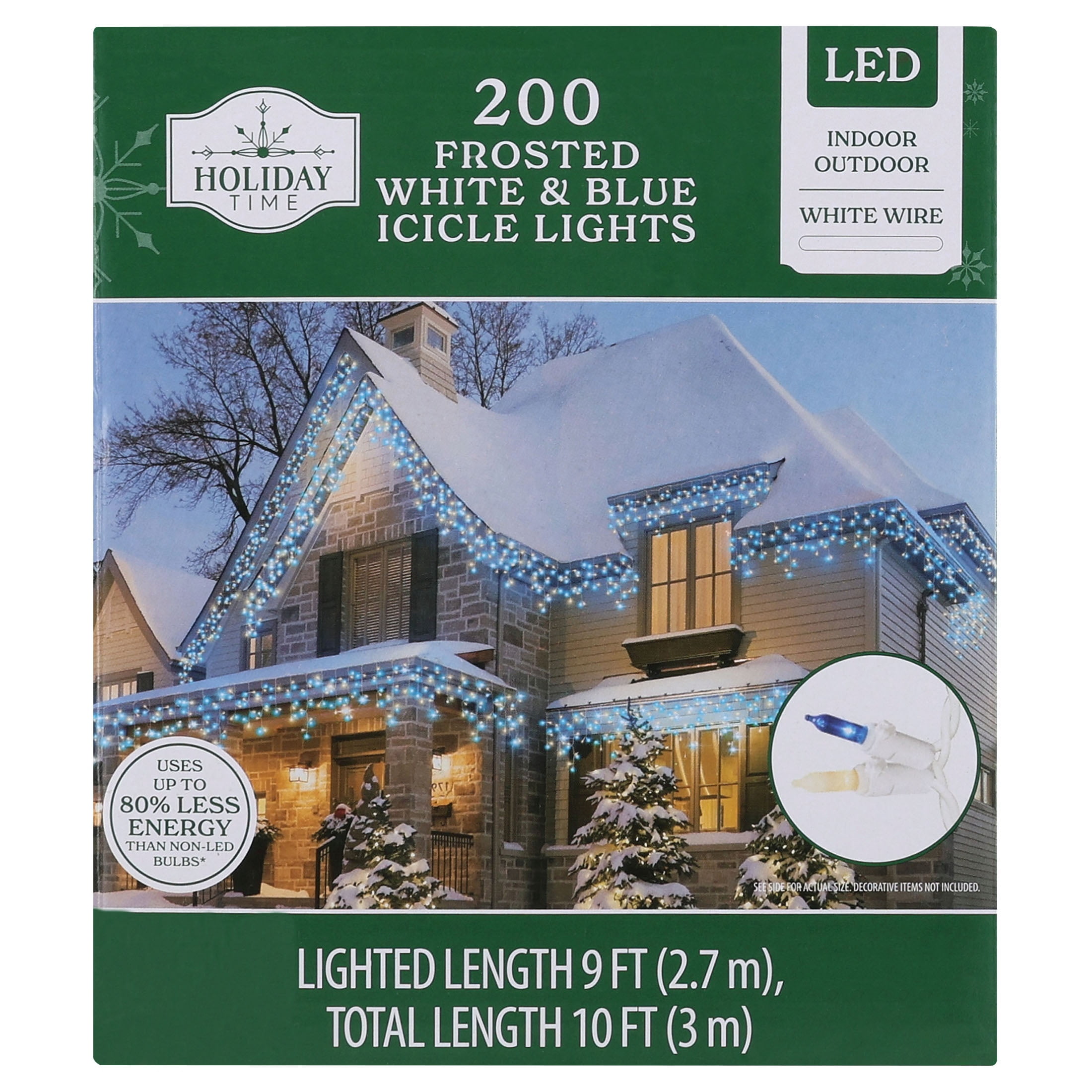 Indoor/Outdoor 200-Count LED Twin-Cicle Christmas Icicle Lights, Frost White and Blue, White Wire, 9', by Holiday Time