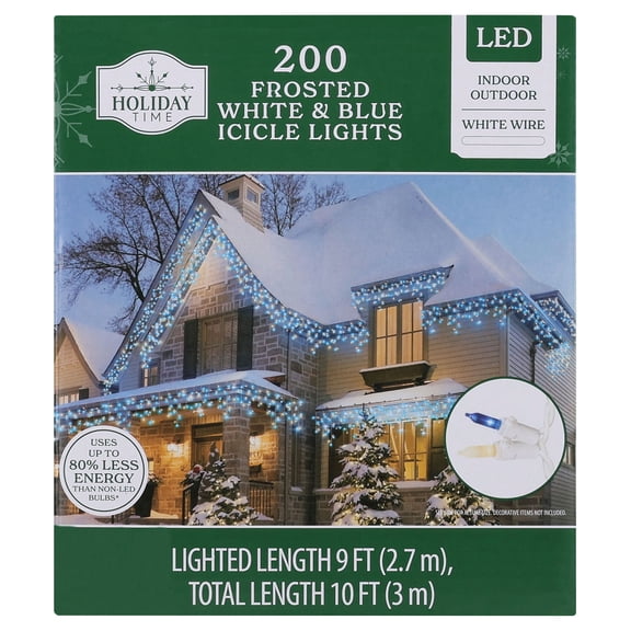 Indoor/Outdoor 200-Count LED Twin-Cicle Christmas Icicle Lights, Frost White and Blue, White Wire, 9', by Holiday Time