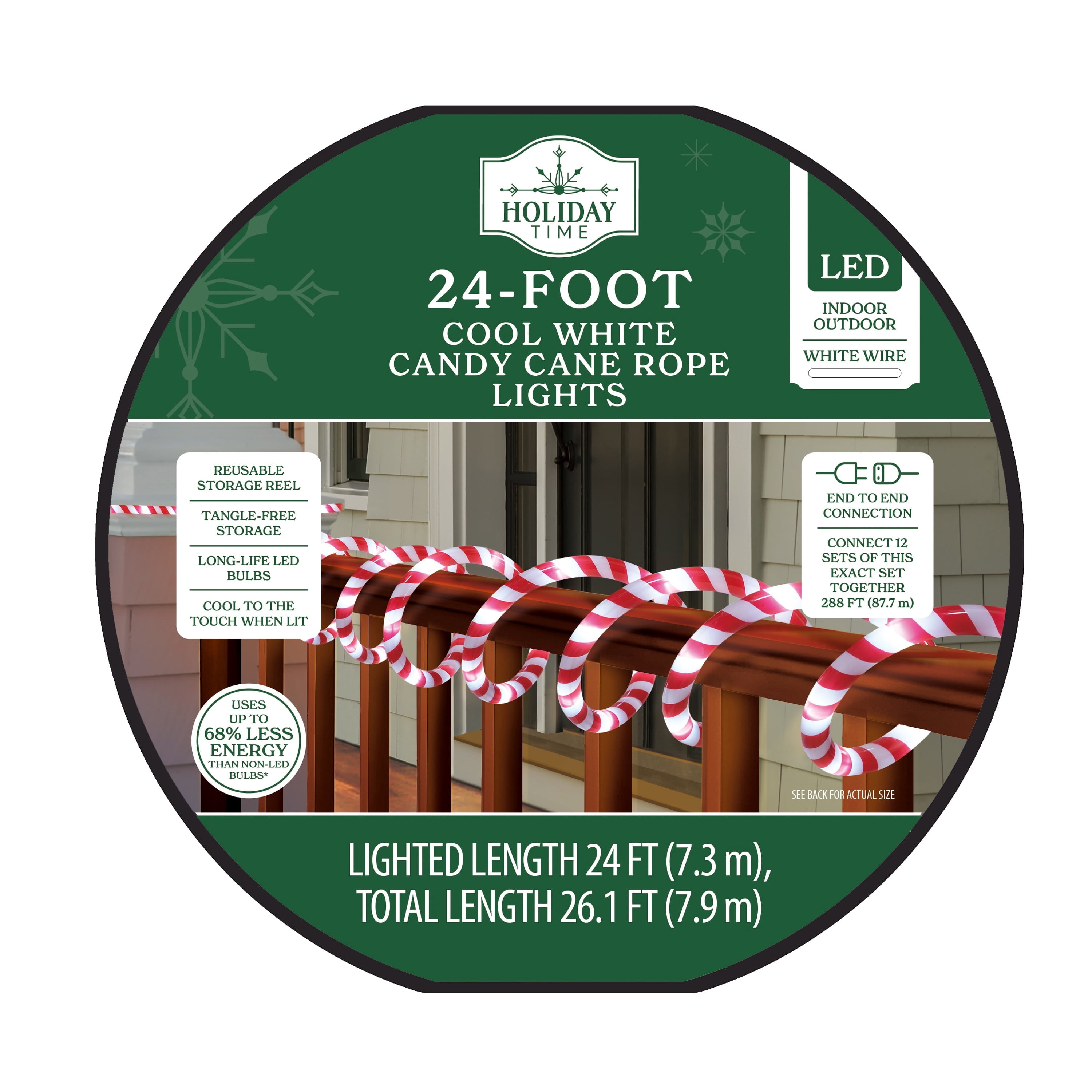Indoor/Outdoor LED Christmas Candy Cane Rope Lights, Cool White, White Wire, 24', by Holiday Time