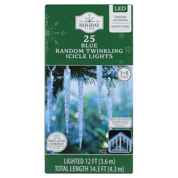 Indoor/Outdoor 25-Count LED Random Twinkling Christmas Icicle Lights, Blue, White Wire, 12', by Holiday Time