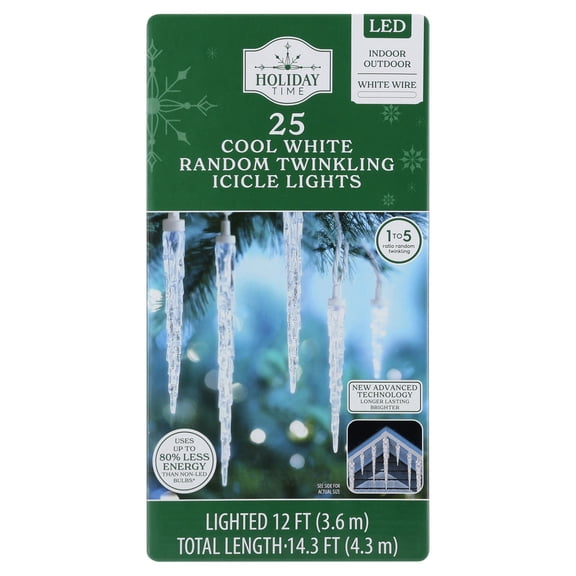 Indoor/Outdoor 25-Count LED Random Twinkling Christmas Icicle Lights, Cool White, White Wire, 12', by Holiday Time