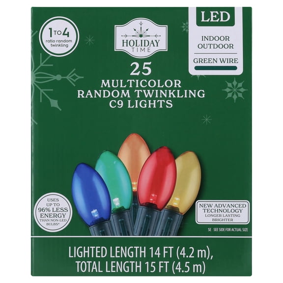 Indoor/Outdoor 25-Count LED Random Twinkling C9 Christmas String Lights, Multicolor, Green Wire, 14', by Holiday Time