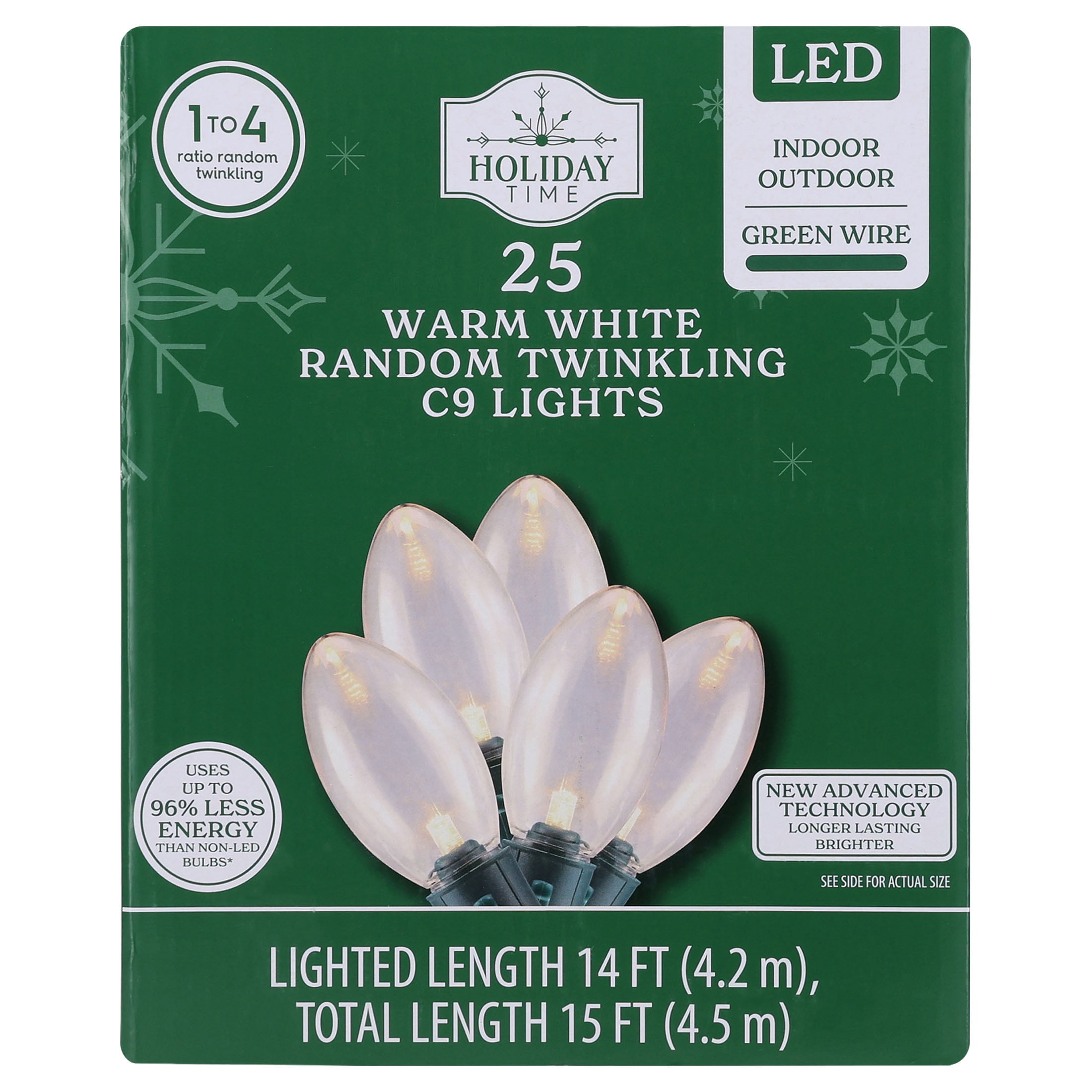 Indoor/Outdoor 25-Count LED Random Twinkling C9 Christmas String Lights, Warm White, Green Wire, 14', by Holiday Time