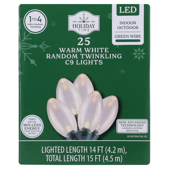 Indoor/Outdoor 25-Count LED Random Twinkling C9 Christmas String Lights, Warm White, Green Wire, 14', by Holiday Time