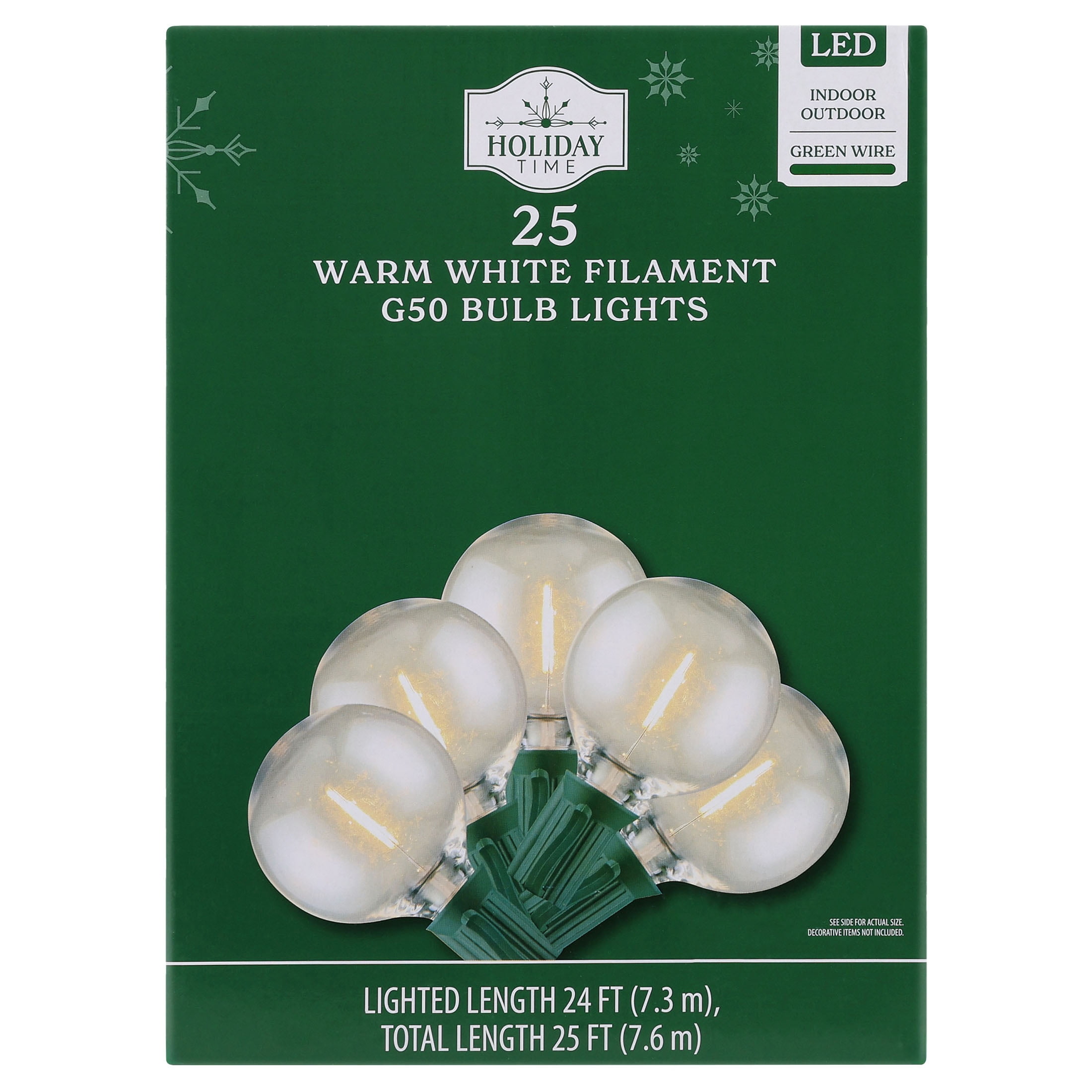 Indoor/Outdoor 25-Count LED Filament G50 Bulb Christmas String Lights, Warm White, Green Wire, 24', by Holiday Time