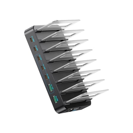 LED 288W 8 Ports Desktop Charger, GaN Technology Fast Charging Station with Detachable Baffle Retractable Cables Charging Hub for Laptop Phone Multi Device