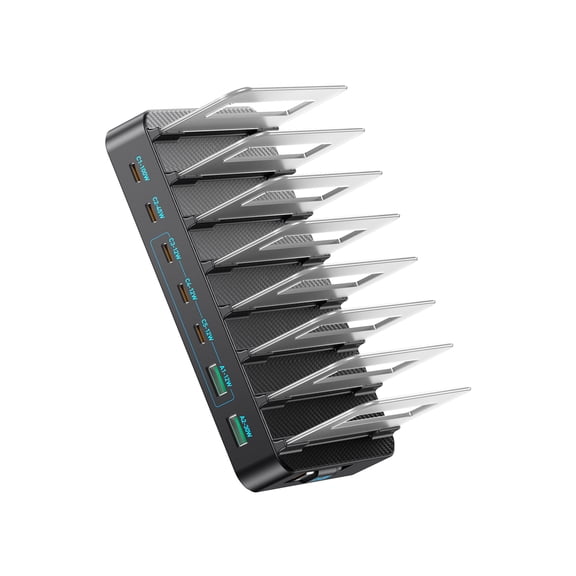LED 288W 8 Ports Desktop Charger, GaN Technology Fast Charging Station with Detachable Baffle Retractable Cables Charging Hub for Laptop Phone Multi Device