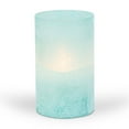 thumbnail image 1 of LED 3.5"D X 6"H Hand-Poured Wax Candle In Blue Frosted Glass. Next Gen LED Flame Patented Technology w/ Adjustable Brightness Control. 2 C Batteries (Not Included). Multi Timer Function, 4, 6 & 8 hour, 1 of 3