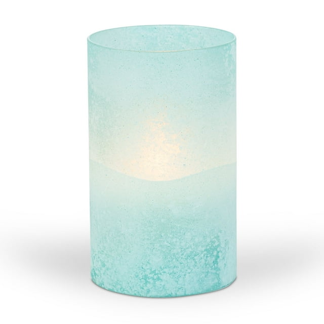 LED 3.5"D X 6"H Hand-Poured Wax Candle In Blue Frosted Glass. Next Gen LED Flame Patented Technology w/ Adjustable Brightness Control. 2 C Batteries (Not Included). Multi Timer Function, 4, 6 & 8 hour