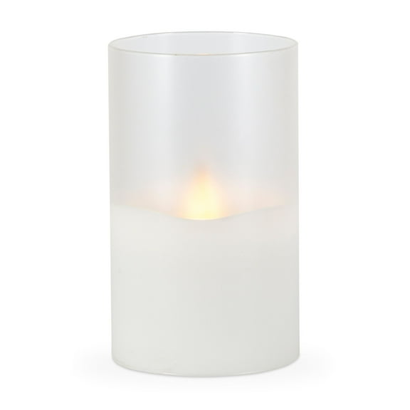 LED 3.5"D X 6"H Hand-Poured Wax Candle In Frosted Glass. Next Gen LED Flame Patented Technology w/ Adjustable Brightness Control. 2 C Batteries (Not Included). Multi Timer Function, 4, 6 & 8 hour.