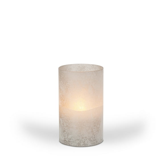 LED 3.5"D X 6"H Hand-Poured Wax Candle In Gray Frosted Glass. Next Gen LED Flame Patented Technology w/ Adjustable Brightness Control. 2 C Batteries (Not Included). Multi Timer Function, 4, 6 & 8 hour