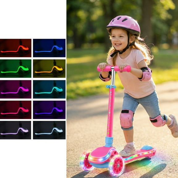 LED 3-Wheel Kids Scooter with Safe Wide Deck, Adjustable Handlebar & Lean-to-Steer Control, Light-Up Kick Scooter for Boys & Girls 3-8