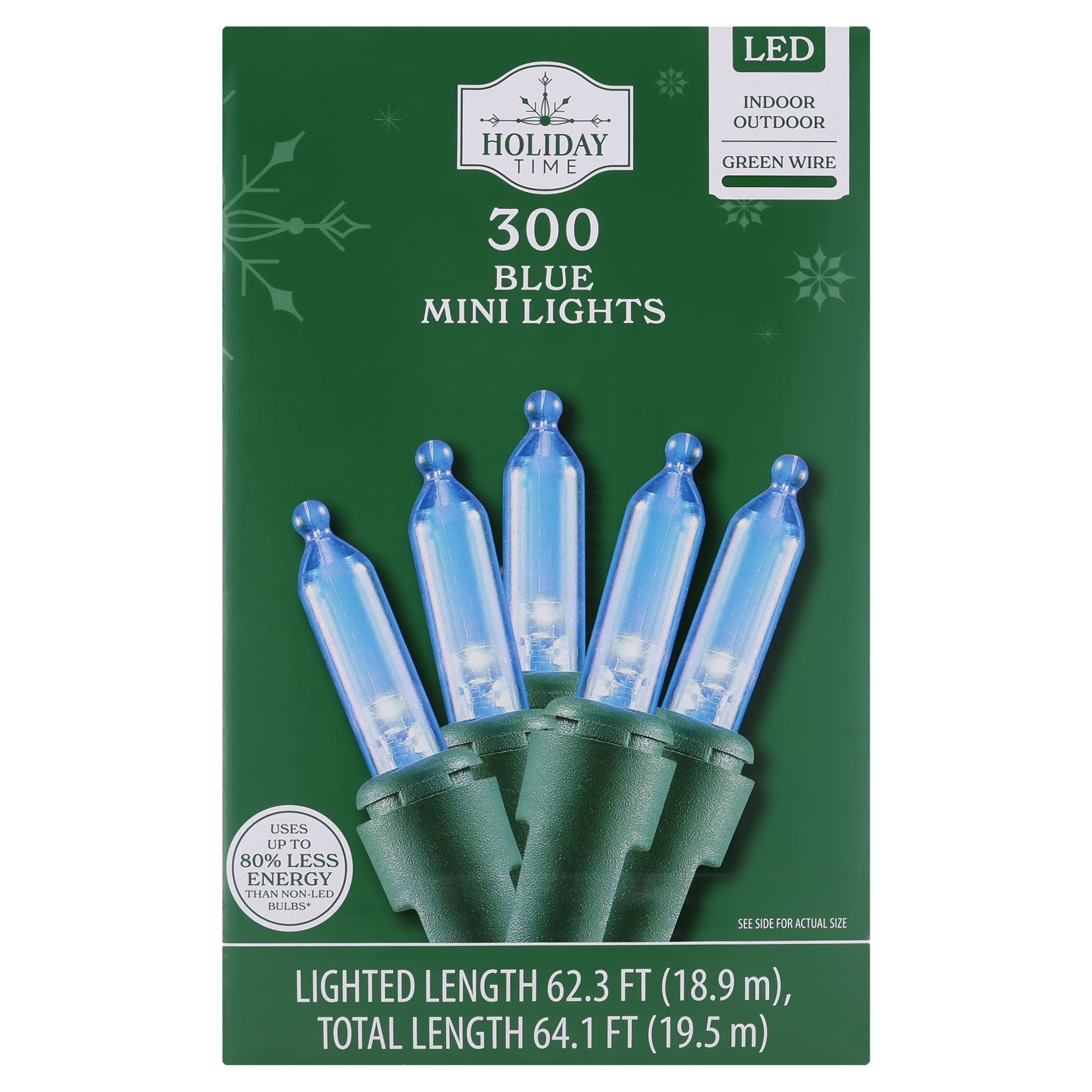 Indoor/Outdoor 300-Count LED Mini Christmas String Lights, Blue, Green Wire, 62.3', by Holiday Time