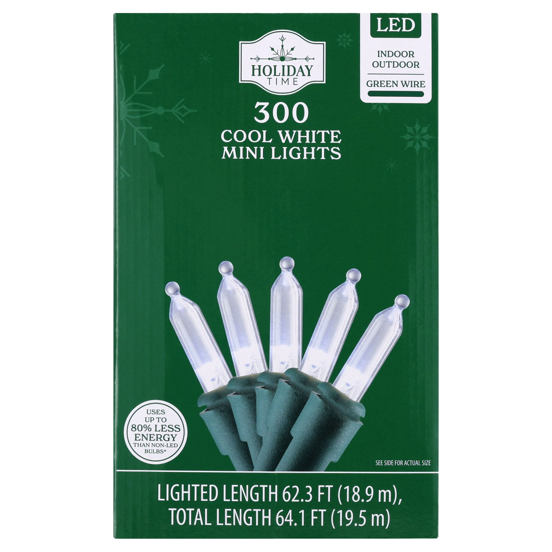 Indoor/Outdoor 300-Count LED Mini Christmas String Lights, Cool White, Green Wire, 62.3', by Holiday Time
