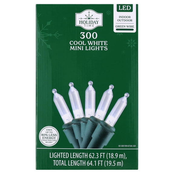 Indoor/Outdoor 300-Count LED Mini Christmas String Lights, Cool White, Green Wire, 62.3', by Holiday Time