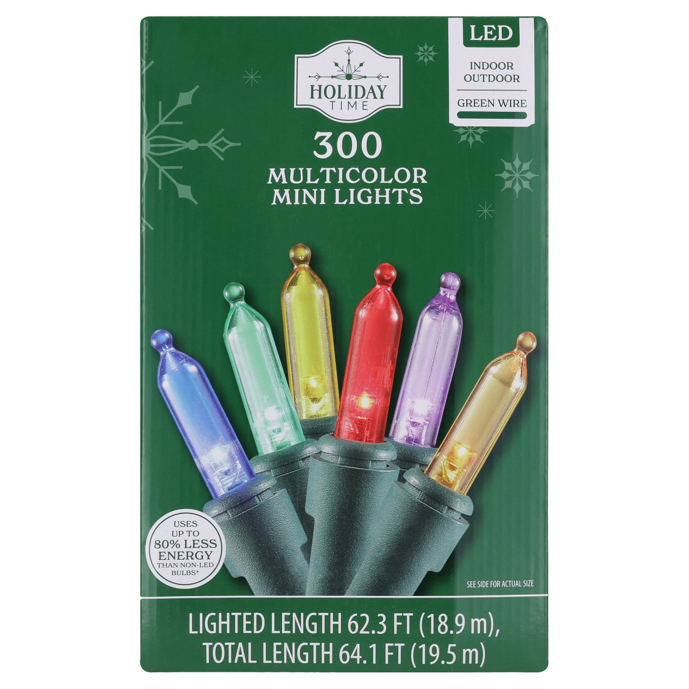 Indoor/Outdoor 300-Count LED Mini Christmas String Lights, Multicolor, Green Wire, 62.3', by Holiday Time