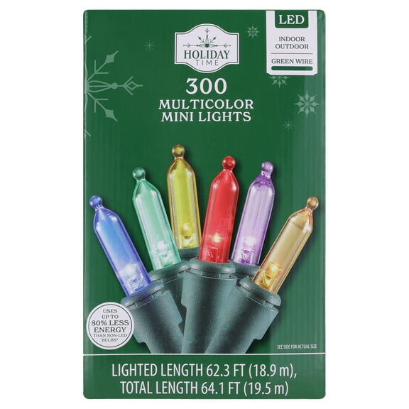 Indoor/Outdoor 300-Count LED Mini Christmas String Lights, Multicolor, Green Wire, 62.3', by Holiday Time