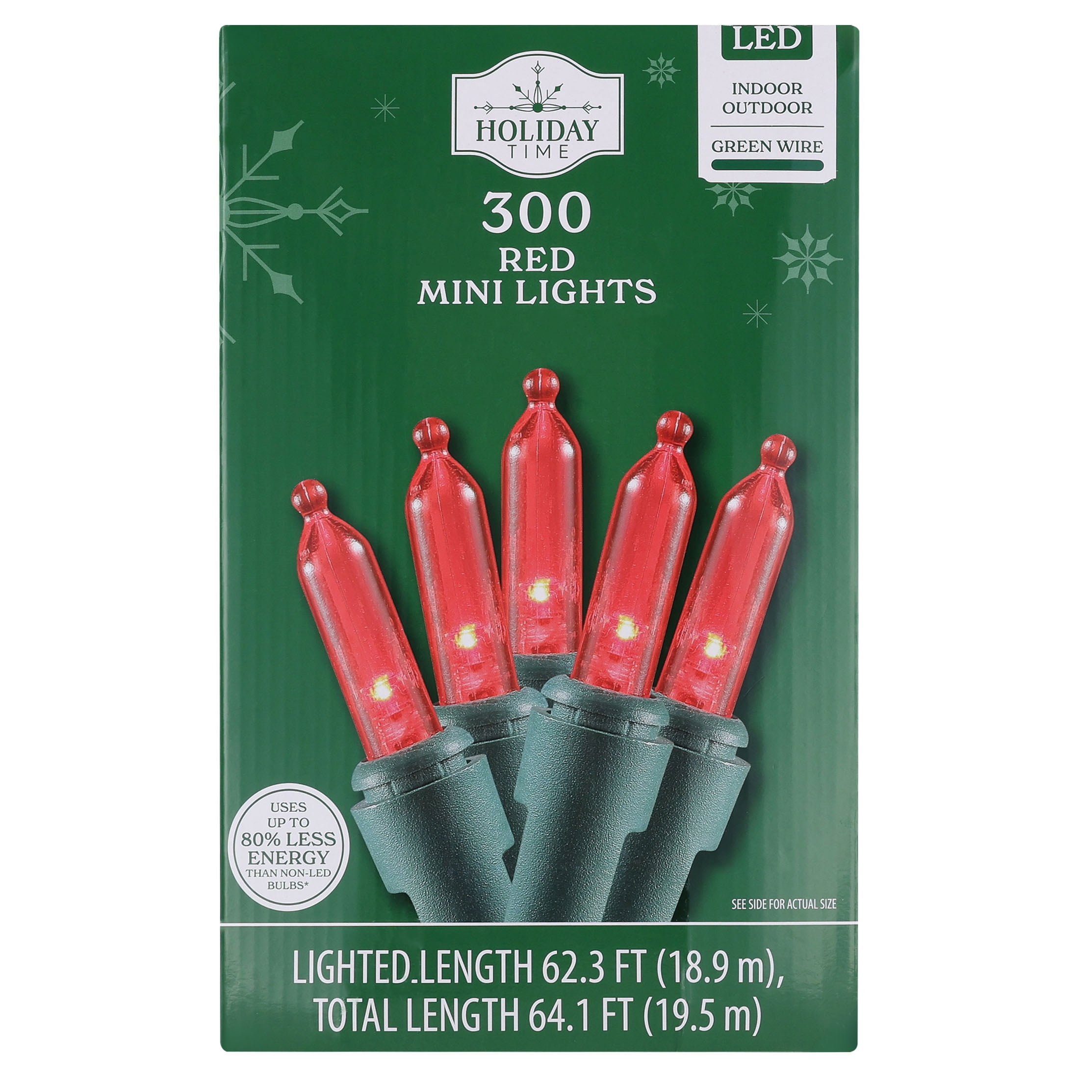 Indoor/Outdoor 300-Count LED Mini Christmas String Lights, Red, Green Wire, 62.3', by Holiday Time