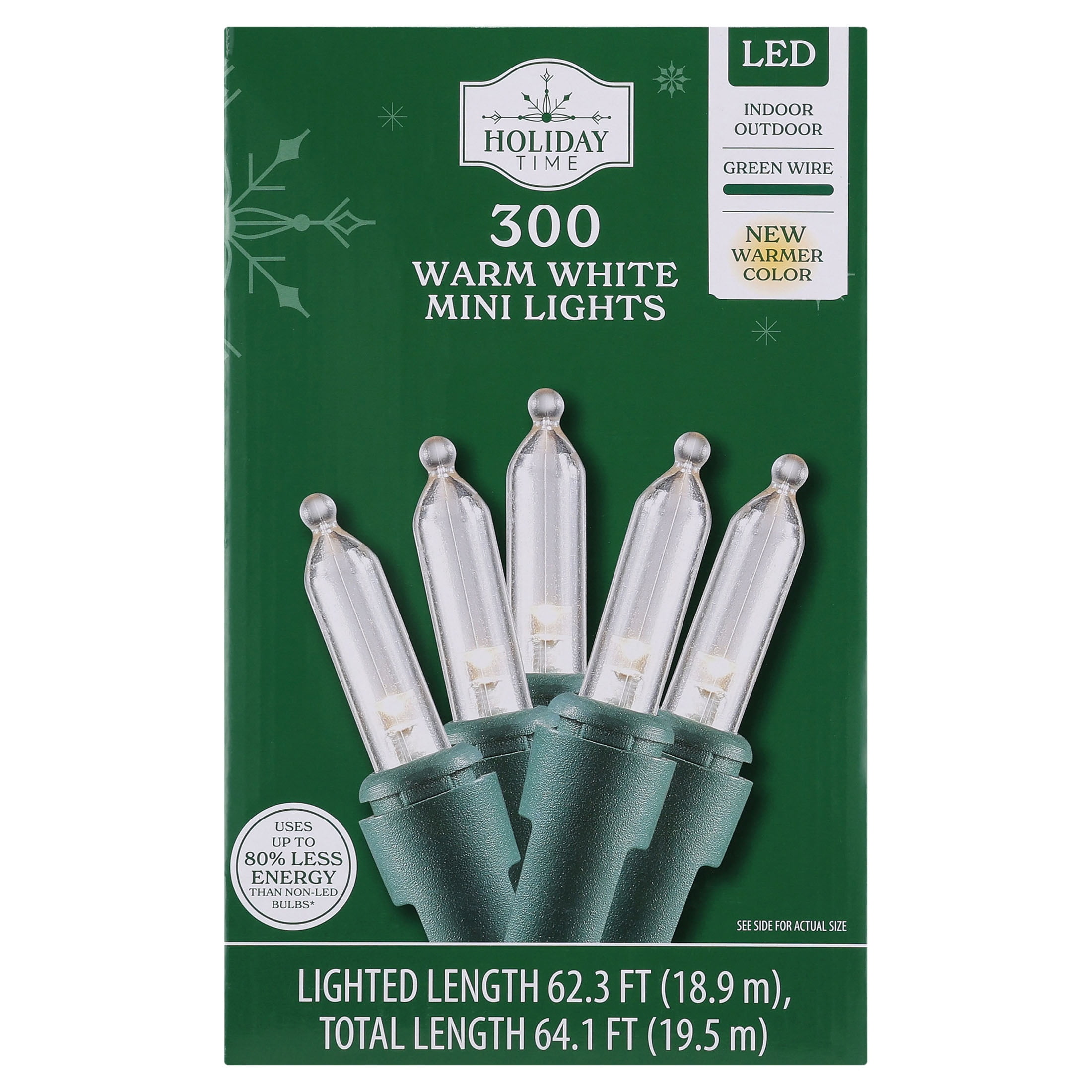 Indoor/Outdoor 300-Count LED Mini Christmas String Lights, Warm White, Green Wire, 62.3', by Holiday Time