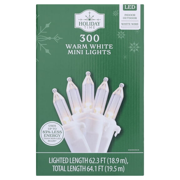 Indoor/Outdoor 300-Count LED Mini Christmas String Lights, Warm White, White Wire, 62.3', by Holiday Time