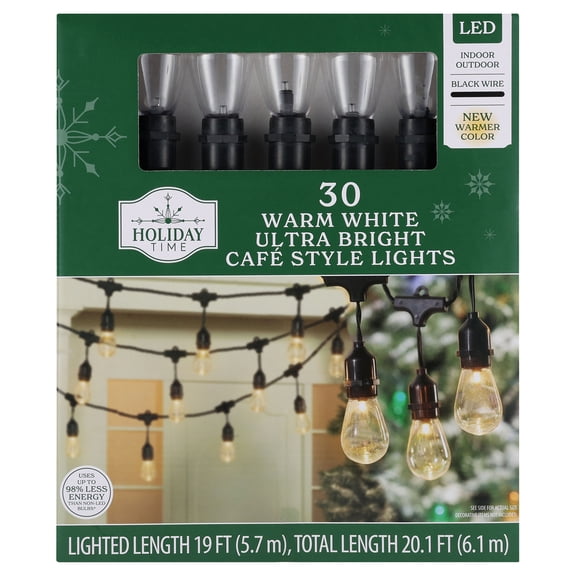 Indoor/Outdoor 30-Count LED Ultra-Bright Cafe Style Christmas String Lights, Warm White, Black Wire, 19', by Holiday Time