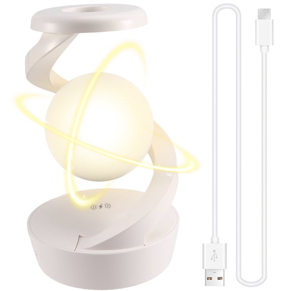 LED 360 Rotating Night Light with Wireless Charger Cordless Desk Lamp Rechargeable LED Levitating Night Light White