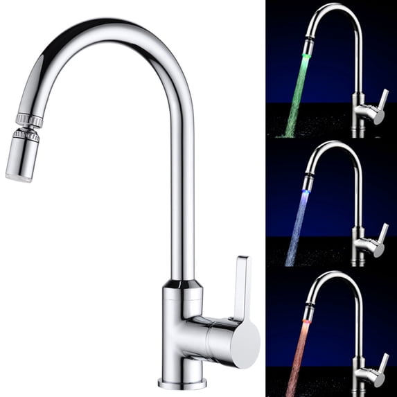 LED 360° Rotation Kitchen Sink Faucet, Brass Single Handle Pull-Out Sprayer, Cold & Hot Water Tap with Color-Changing Lights, Easy to Install
