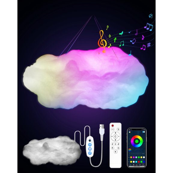 LED 3D Cloud Light - Decor Room Lighting, App & Remote Control for RGB Lighting, Music Sync USB power for Gaming/Living Room, Bedroom